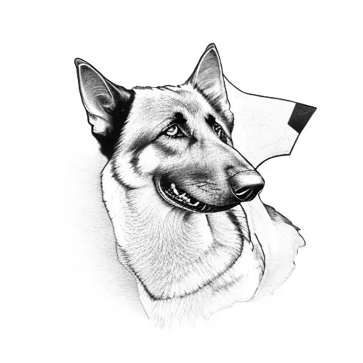 A Black And Grey Portrait Of A German Shepard With A Motorcycle Helmet