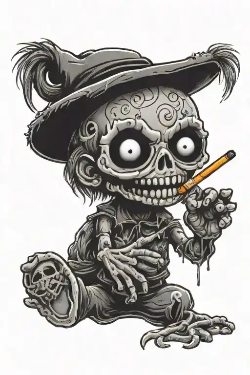 Evil Gothic Voodoo Doll Smoking A Joint With Hot Backwards Holding The Middle Finger Up