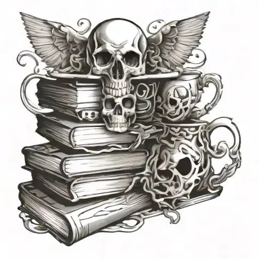 Stack Of Book With Eyes And Skull Tea Cup Morphing