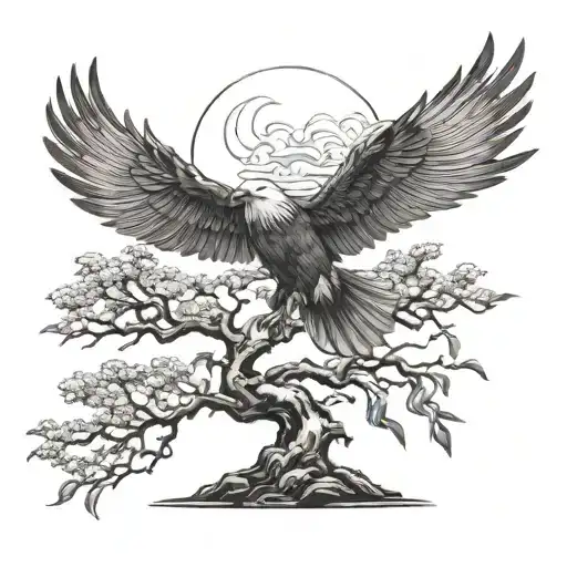 Bonsai Tree With Eagle Flying Above It