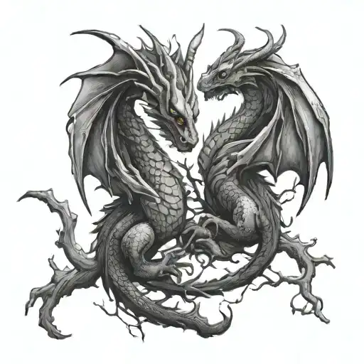 Two Dragons In Love With A Tree Branches