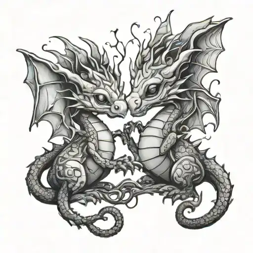 Two Cute Dragons In Love Underneath A Tree Branches