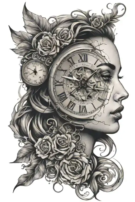 Woman Face Tattoo With Cracked Clock Face