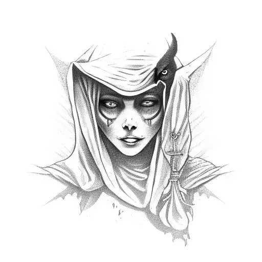 A Witch With A Hidden Face Covered By A Cloak And A Crow On Her Hand And An Owl On Her Shoulder