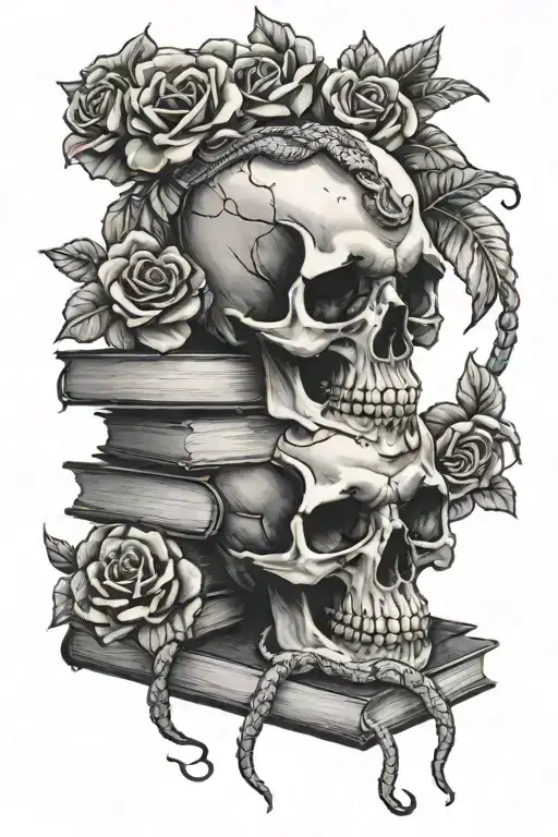 Stack Of Books With Skull And Snake On Top With Flowers
