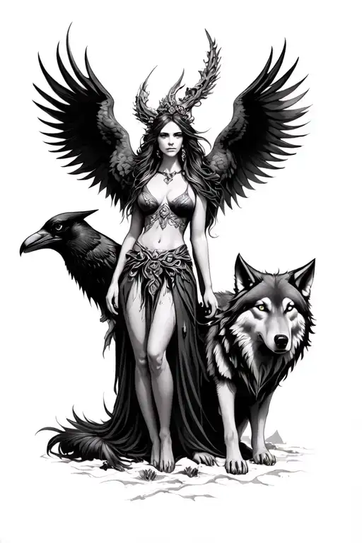 Hel Goddess With Wolf And A Raven
