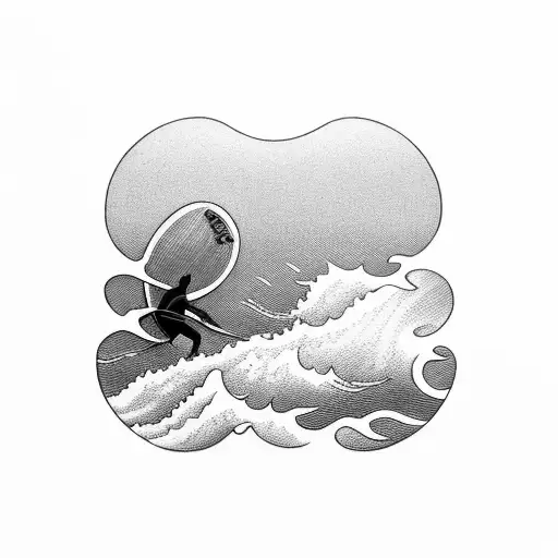 A Black-grey Tattoo Of A Sunset Over The Ocean With A Surfer In The Foreground
