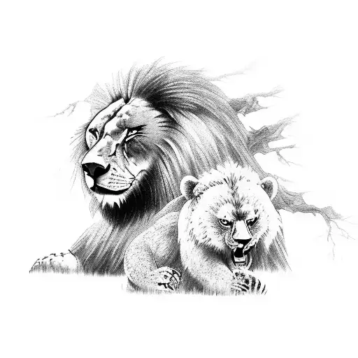 A Manga-inspired Scene Of A Lion And A Bear Teaming Up To Explore A Mystical Forest