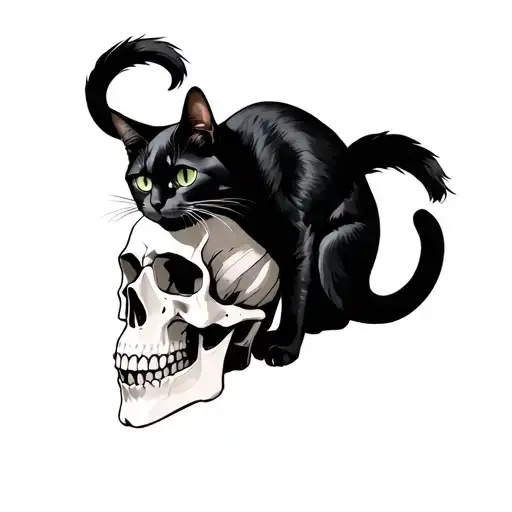 Black Cat Sitting On A Skull