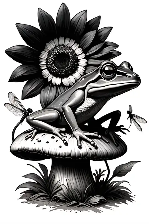 Treefrog Sitting On A Mushroom With A Sunflower And Dragonfly