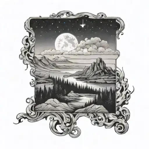 Black And Grey Night Landscape Tattoo With Black Textures