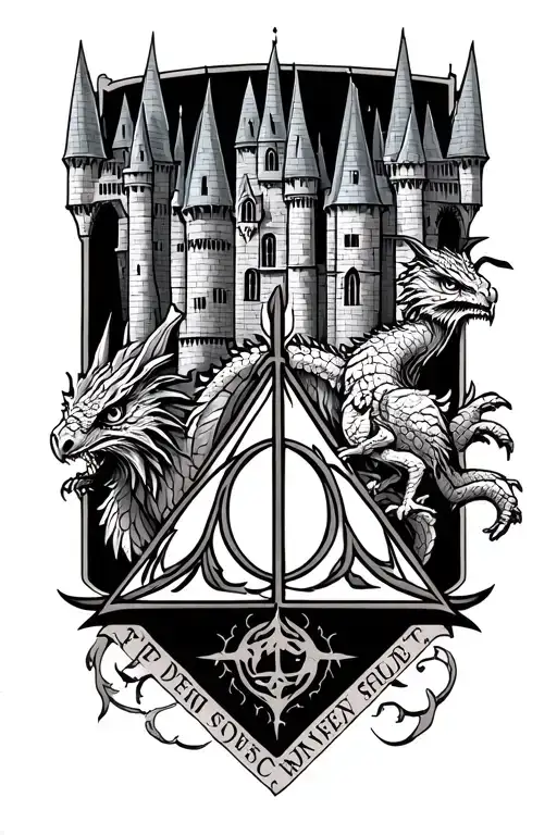 Deathly Hallows Symbol Under Hogwarts Castle With Dragon And Owl