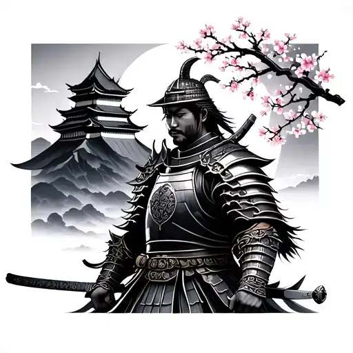Realism Back And Grey Armoured Samurai With Castle Sun And Cherry Blossoms
