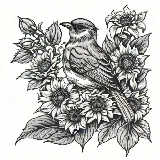 Robin Bird With Sunflowers And 2 Narcissus Flowers