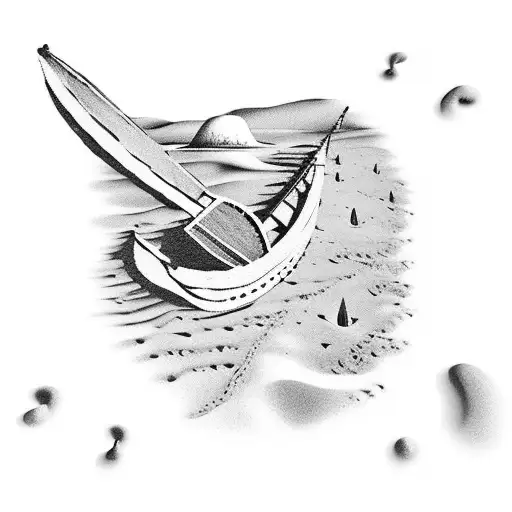 A Beach Landscape With Footprints Leading Towards The Sea Under A Viking Ship Sailing In The Horizon