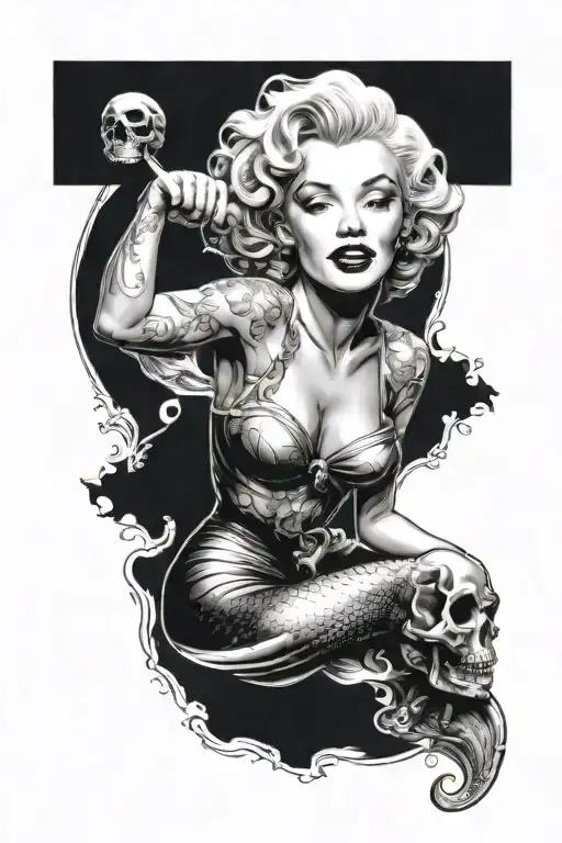 Marilyn Monroe As A Mermaid Sitting On A Skull