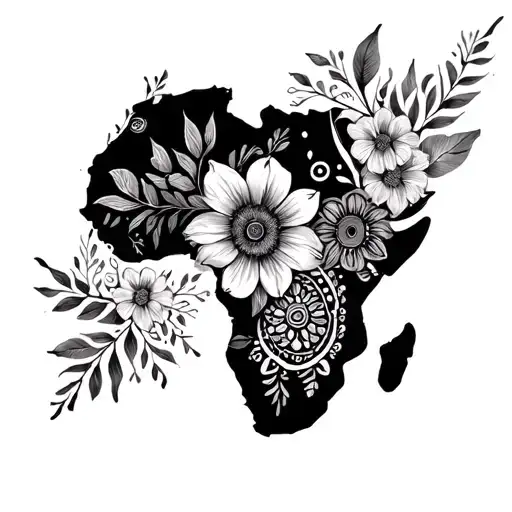Africa Map With Flowers And Mandala African Style Fine Line
