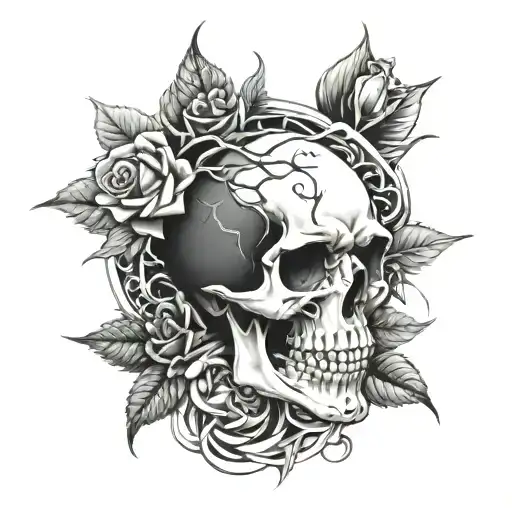 Skull With Rose And Thorns Intertwined