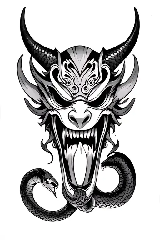 Oni Mask With Snake In Mouth