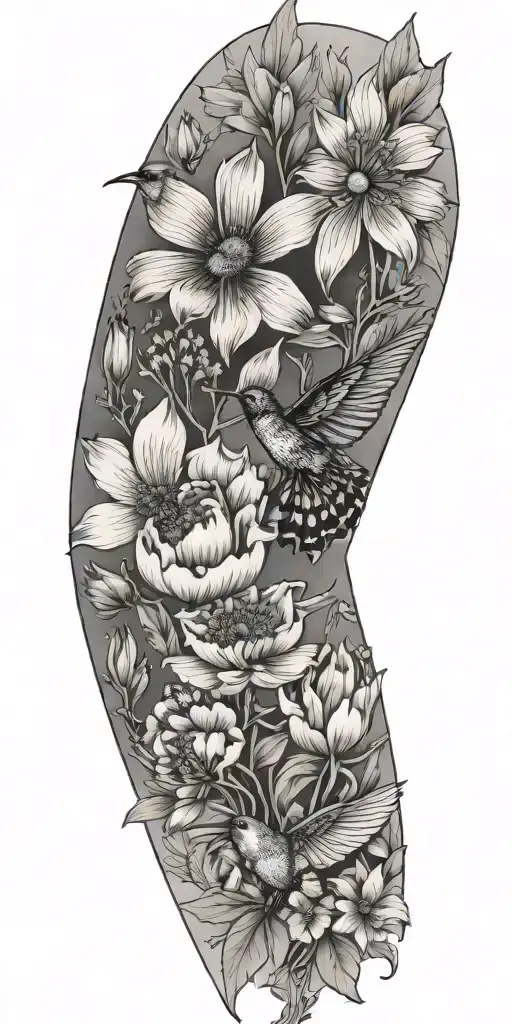 Fine Line Flowers Poppy Saguaro Columbine Peonie And Birds Hummingbird Cardinal Raven