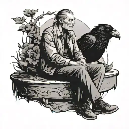 Lonely Man And A Raven Sitting