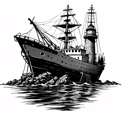 Ship Wrecking On Rocks In Beside Lighthouse
