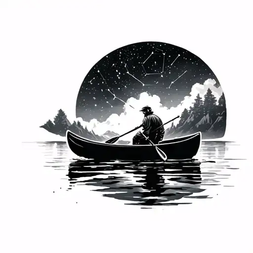 Man In Canoe Under Sky Full Of Constellations