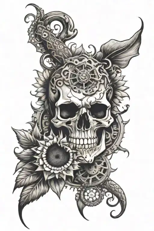 Half Skull With Snake Wrapped Around A Sunflower And Gears With A Few Stars
