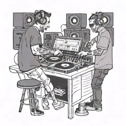 Dj On Console With A Friend Dancing Backstage One Line Caricature