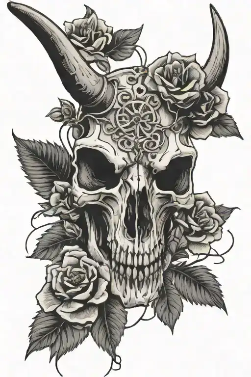 Longhorn Skull With Flowers Coming Out Of Parts Of It And Barbed Wire Around Some Parts Of It