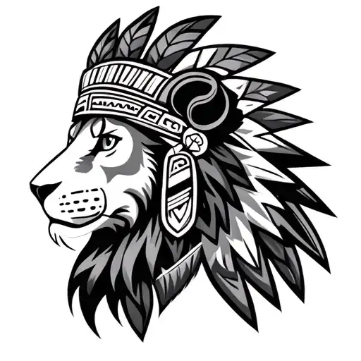 Side Profile Of A Lion Head Wearing Aztec Headgear