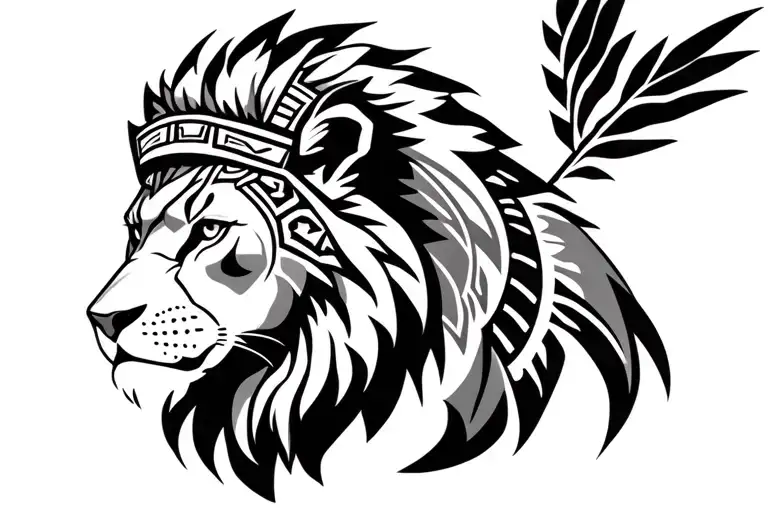Realistic Lion Side Profile Wearing Aztec Warrior
