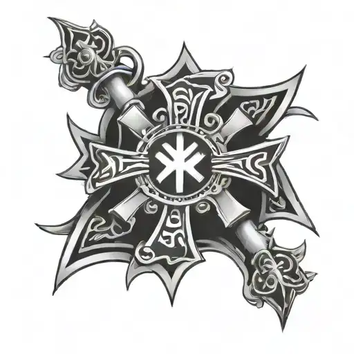 Round Iron Cross Edge Tattoo With A Stoic Symbol And Text