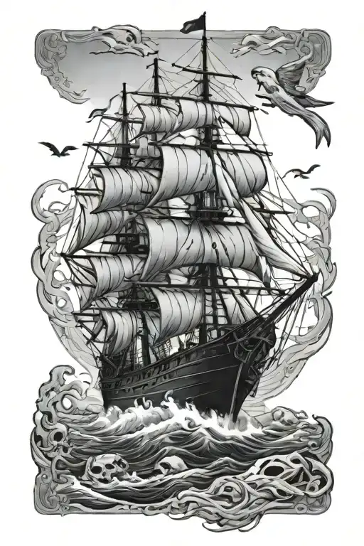 Ship In Water With Skeletons