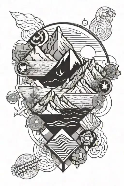 Engineer-themed Tattoo Featuring Geometric Shapes Inspired By Mountain Ranges And Beach Waves