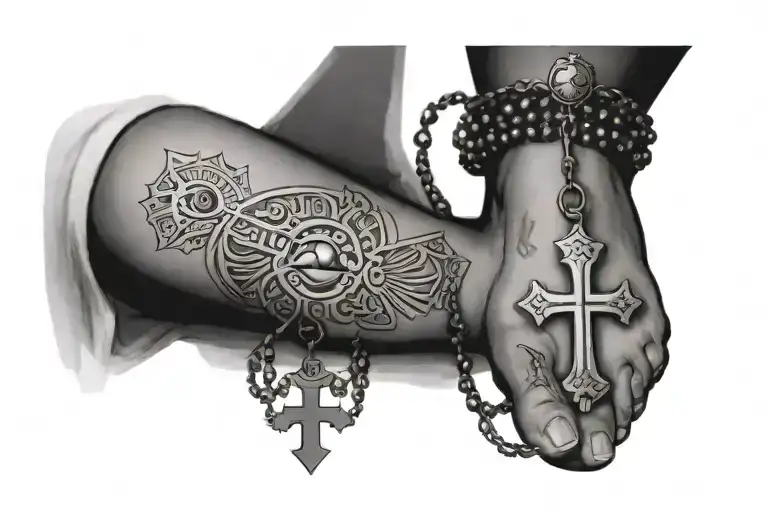Egyptian Cross And Eye Rosary Wrapped Around Ankle