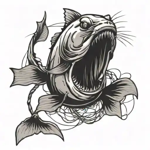 A Catfish Jumping Out Of The Water With Barbed Wire Entwined Around Its Tail