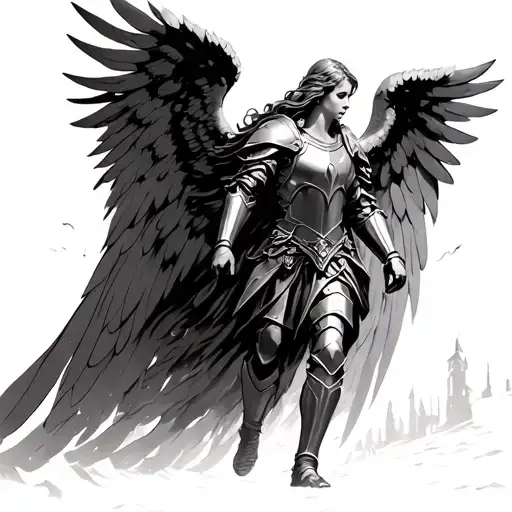 Angel In Armor In Front Of Gates Of Heaven Gates Someone Walking