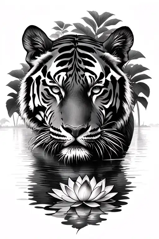 Front View Of A Tiger Emerging From A Forest With A Lotus Floating In The Water Just Below Its Head