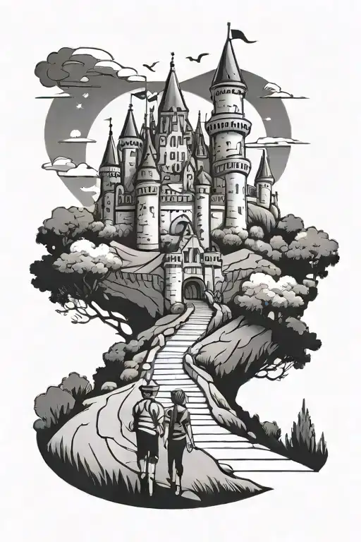 Disney Castle On A Hill With A Boy And Girl Holding Hands Walking Towards It