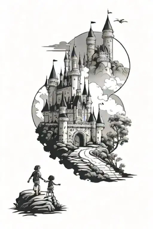 Disney Castle On A Hill With A Boy And Girl Holding Hands Walking Towards It