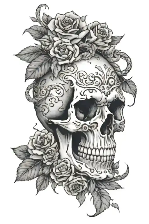 A Black And Grey Tattoo Of A Skull Surrounded By A Wreath Of Flowers And Snakes Intertwined