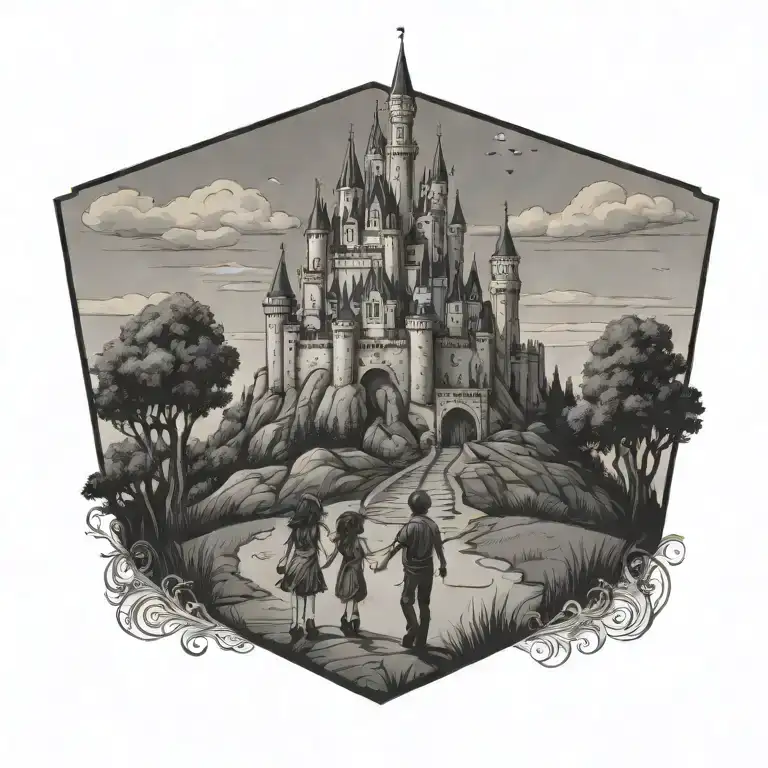 Disney Castle On A Hill With A Boy And Girl Holding Hands Walking Towards It