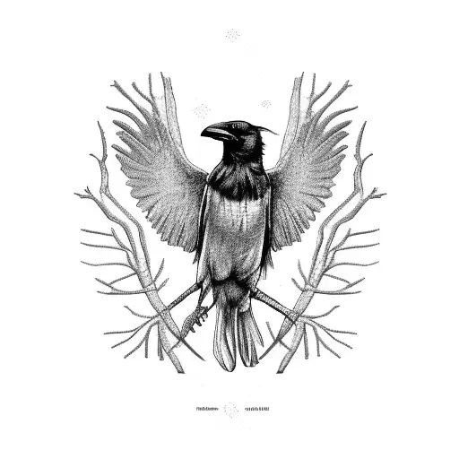 Scientific Diagram Of A Raven's Anatomy Intertwined With Roots Of A Pine Tree