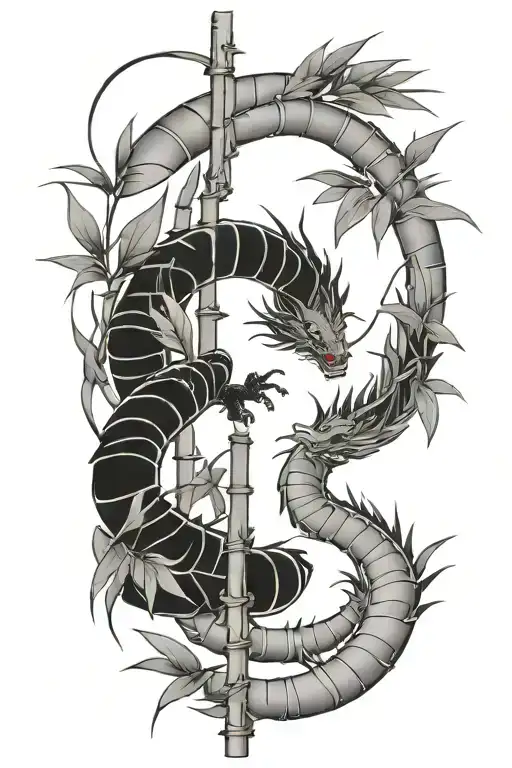 Bamboo Sticks With Leaves And A Japanese Dragon Wrapped