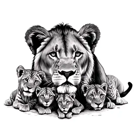 Lioness And 4 Cubs Tattoo Sketch Style Portrait
