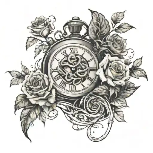 A Surreal Tattoo Design Featuring A Clock Melting Into A Bed Of Dead Roses And Plants