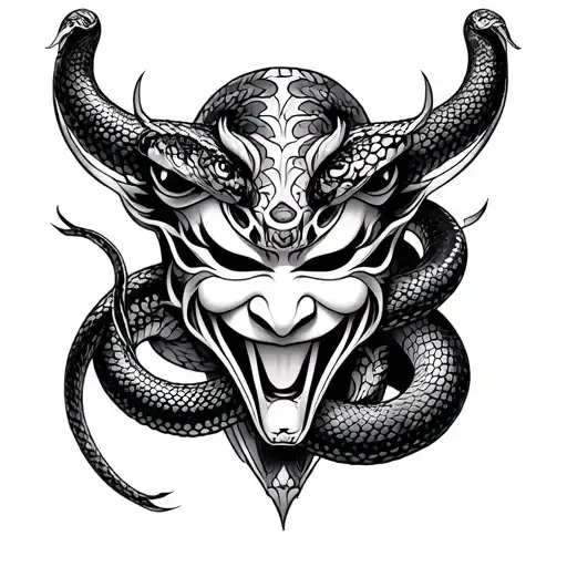 Hannya Mask With Snake Intertwined