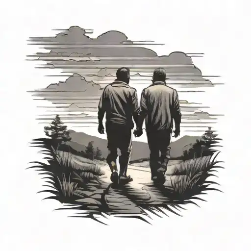 Father And Son Walking To The Sunset
