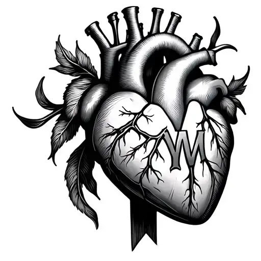Small Fine Line Anatomical Heart With The Letter M